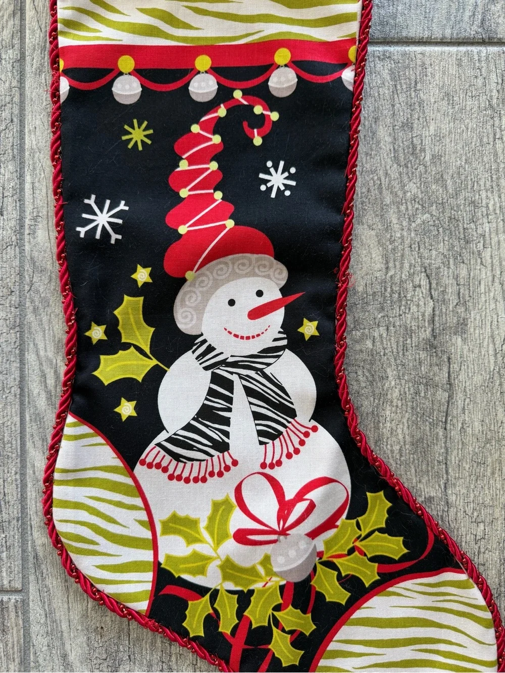 Handmade Holiday Snowman Christmas Stocking with White Faux Fur Cuff